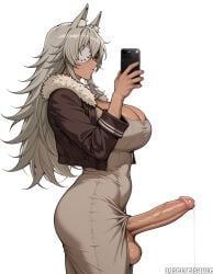 1girl ai_generated animal_ear_fluff animal_ears black_jacket breasts cellphone cleavage closed_mouth covered_navel cowboy_shot cropped_jacket dark-skinned_female dark_skin dress erection explicit eyepatch from_side fur-trimmed_jacket fur_trim futanari ghislaine_dedoldia grey_dress grey_hair holding holding_phone huge_penis jacket large_breasts large_penis long_hair long_sleeves mushoku_tensei ogsecretsauce penis phone precum scar scar_on_face selfie simple_background smartphone solo testicles uncensored veins veiny_penis white_background
