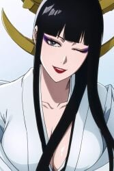 2d anime_girl anime_style artificial_limbs artist_request asian asian_female black_hair bleach bob_cut cleavage cleavage_cutout eyeliner female large_breasts long_hair mature mature_female mature_woman milf milf_body mommy mommy_dom mommy_kink mommy_milkers one_eye_closed robotic_arms robotic_limbs shutara_senjumaru tagme teasing teasing_viewer tite_kubo_style wink winking_at_viewer