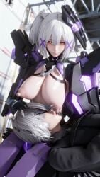 1boy 1girls 3d armor armored_female breasts centaur commandant_(punishing:_gray_raven) female highres honey_select large_breasts medium_hair punishing:_gray_raven realistic robot_girl rosetta_(punishing:_gray_raven) sagging_breasts sucking_nipples white_hair yellow_eyes yomi_(artist)
