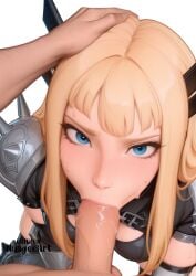 1boy 1girl :>= ai_generated armor artist_name bangs blonde_hair blue_eyes blush breasts clothed_female_nude_male explicit fellatio hand_on_another's_head head_grab hetero irrumatio long_hair looking_at_viewer magik_(illyana_rasputin) magik_(marvel_tokon) male_pubic_hair marvel marvel_tokon:_fighting_souls nuageeart oral pauldrons penis pov pubic_hair saliva shoulder_armor simple_background solo_focus spikes sweat thighhighs uncensored veins veiny_penis white_background x-men