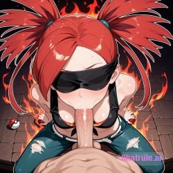 1girl ai_assisted ai_generated balls_deep cleavage curvy cute deep deepthroat dominated eyelashes facing_viewer flannery_(pokemon) hands_behind_back high_quality highres medium_breasts narrow_waist petite_body pov red_eyes red_hair ripped_clothes shiny_skin sitting_on_knees skinny sleeveless small_breasts small_tits tiny_tits white_belt young