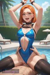 1girl ai_assisted ai_generated arching_back bathing_suit bending_down blue_bikini blue_sky cameltoe cock_in_pussy collar cowgirl creampie embarrassed fit_body godrays green_eyes greenery harness inside leaning_forward moaning orange_hair outside parted_bangs pawg pool pussy_sex saliva shaking side_view smile spread_legs star_wars thick_thighs thin_waist tight_swimsuit tree
