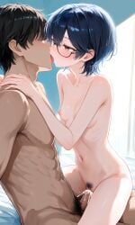 1boy 1girl adult_female after_sex ai_generated asian_female black_hair brown_eyes cum_in_pussy cum_inside glasses holding_partner innie_pussy japanese_female kissing kissing_while_penetrated narrow_waist on_bed pubes romantic_sex round_glasses short_hair small_breasts straight tomboy tongue_kiss vaginal_penetration vaginal_sex