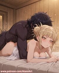 1boy 1girl ai_generated aianoart ass bangs bed_sheet black_hair blonde_hair blunt_bangs blush boku_no_hero_academia breasts cleavage collarbone completely_nude dark-skinned_male dark_skin double_bun hair_bun hetero himiko_toga indoors interracial lying medium_breasts messy_hair motion_lines my_hero_academia naked_towel nude on_stomach prone_bone sex sex_from_behind short_hair sweat towel yellow_eyes