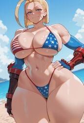 1girls ai_generated american_flag_bikini artist_request beach big_breasts bikini blonde_hair blue_eyes bob_cut cammy_white capcom cleavage curvaceous curvy_female eyes female female_only fighting_gloves hand_on_hip hourglass_figure large_breasts light-skinned_female light_skin outdoors scar short_hair standing street_fighter swimsuit thick thick_thighs voluptuous voluptuous_female water wide_hips