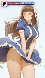 1girl 1girls 2026 ai_generated artist_name bangs blue_dress blunt_bangs brown_eyes brown_hair dress electroworld frills hi_res high_quality high_resolution highres ikkitousen long_hair no_panties patreon patreon_username puffy_sleeves short_sleeves solo stable_diffusion ten'i_(ikkitousen) watermark wind