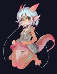 anthro aquatic_dragon black_background bottomless breasts clothed clothing costom10 dragon female genitals hair horn kemono marine orange_body orange_skin pussy short_hair simple_background small_breasts smile solo white_hair