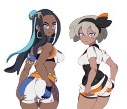 2girls alternate_breast_size armpits ass ass_grab ass_support bare_shoulders bea_(pokemon) big_ass big_breasts blonde_hair blue_eyes blue_hair bodysuit bracelet breasts clothed dark-skinned_female dark_skin double_chocolate earrings eye_contact female female_only gloves hairband hoop_earrings human human_only large_breasts long_hair looking_at_viewer looking_back midriff nessa_(pokemon) nintendo pokemon pokemon_ss pose shirt short_hair shorts sideboob sol_goodguy standing thick_thighs thigh_gap white_background wide_hips