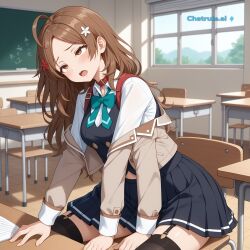 1girl ahoge ai_assisted ai_generated black_skirt black_thighhighs black_vest brown_eyes brown_hair brown_jacket buttons chair classroom cock_in_pussy collar cowgirl creampie cropped_jacket embarrassed green_bowtie hair_ornament harness head_tilt indoors inside leaning_forward long_hair long_sleeves moaning outside parted_bangs pleated_skirt pussy_sex rolling_eyes saliva shaking side_view sitting skirt source_anime stockings tree white_shirt