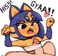 1boy 1girls 5_fingers alternate_breast_size angry animal_crossing ankha anthro armpits bandage bare_shoulders big_ears big_eyes big_penis black_eyes blonde_hair blue_fur blue_hair blush bodily_fluids breasts cleavage clothed_female_nude_male cum cum_on_face cumshot egyptian facial feline female furry genital_fluids highres hissing human human_on_anthro interspecies large_penis looking_at_viewer male male_human/female_anthro male_on_anthro male_pov mammal nintendo nude open_mouth paizuri paizuri_under_clothes penis pov sharp_teeth short_hair sketch small_breasts spread_arms straight superwagon64 teeth thick_penis tongue unseen_male_face veins veiny_penis watermark wraps yellow_fur