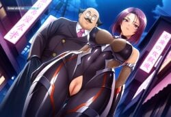 ai_assisted ai_generated anime_style armor bald bare_shoulders black_bodysuit black_hair city cityscape clouds cowboy_shot crotchless curvy dark_theme detailed_pussy dynamic_lighting elbow_gloves fishnets gloves high_contrast kagami_hirotaka koukawa_oboro looking_at_viewer mustache neon_lights night night_sky outdoors principal soft_shading taimanin_asagi_zero taimanin_suit thigh_gap visible_pussy