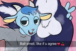 2020 animal_crossing anthro balls big_balls bovid caprine clothed clothing dialogue digital_media_(artwork) duo english_text femboy femboy_on_femboy flaccid foreskin genitals goat humanoid_penis kicks_(animal_crossing) looking_at_viewer male male/male mammal mephitid musk musk_clouds musky_balls nintendo open_mouth peace_sign penis perpleon selfie sherb_(animal_crossing) simple_background skunk smell smelly snapchat social_media text uncircumcised uncut video_games