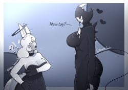 2026 2d 2d_(artwork) 2d_artwork 2girls after_h0ur3 artist_logo artist_name aura_luna beanontoast bendy_and_the_ink_machine big_breasts black_body darling_aura_luna demon demon_girl female genderswap genderswap_(mtf) horns ink_demon roaring_knight_pareidolia thick_thighs white_hair