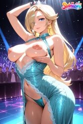 1girl ai_assisted ai_generated aqua_panties arm_up bangs bare_shoulders blonde_hair blue_dress blue_eyes blue_panties blush breasts breasts_out cameltoe clothing_cutout crowd crown dress earrings eyes_visible_through_hair green_panties hair_over_one_eye jewelry large_breasts lips long_hair looking_at_viewer mario_(series) navel navel_cutout nintendo nipples panties parted_lips patreon princess_rosalina princess_rosalina_(movie) rosalina smile solo_focus star_(symbol) star_earrings stelmazura thighs underwear