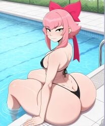 1girl 1girls ai_generated ass ass_bigger_than_head ass_crack ass_focus bangs big_ass big_ass_(female) big_butt bikini bikini_bottom bikini_top black_eyes bow_ribbon brawl_stars butt butt_crack butt_focus fat_ass feet_in_water female female_focus female_only fence hair_bow light-skinned_female light_skin looking_at_viewer medium_breasts melodie_(brawl_stars) mrnails outdoors pink_hair pool poolside rear_view short_hair side_view simple_background sitting sitting_on_floor smiling solo solo_female swimming_pool swimsuit swimwear thick_thighs thighs tile_floor water