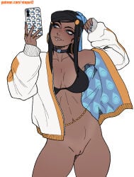 1girls abs areolae athletic_female big_breasts black_hair blue_eyes bra breasts dark-skinned_female dark_skin female female_only jacket large_breasts mostly_nude muscular muscular_female nessa_(pokemon) nintendo nipples no_panties no_underwear nude_female pokemon pokemon_ss pussy selfie smartphone solo standing stopu tagme tanline