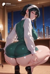 1girl 1girls absurd_res absurdres ai_generated ass ass_focus ass_grab ass_support big_ass big_breasts black_footwear black_hair blurred_background blurry_background breasts cartoon cartoony closed_mouth collared_shirt depth_of_field desk dress earrings female female_focus from_behind gold_earrings grabbing_own_ass green_skirt green_vest hair_bun hairband hands_on_own_ass hi_res high_heels high_quality high_resolution highres huge_ass indoors jewelry lamp large_ass large_breasts long_hair long_sleeves looking_at_viewer looking_back night night_sky no_legwear odexai office one_eye_closed pencil_skirt red_eyes shirt sidelocks skirt sky small_waist solo solo_focus spy_x_family squatting straight thick_thighs thighs thin_waist thorn_princess vest white_hairband white_shirt wide_hips window yor_briar yor_forger