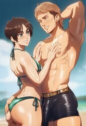 1femboy 2boys abs ai_generated armpit ass_grab attack_on_titan beach beach_background big_ass black_boxers blurry_background boxers_(clothing) brown_hair collarbone crossdressing dimples_of_venus eren_jaeger femboy green_bikini green_eyes grin hand_behind_head hand_on_another's_ass hand_on_another's_chest hand_on_ass height_difference jean_kirstein karezma large_penis muscular_male narrow_waist navel nipples obliques penis_under_clothes pink_lips shingeki_no_kyojin shiny_skin short_hair size_difference smile standing sweaty_body thicc thick_ass thick_thighs topless topless_male
