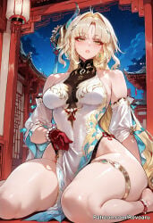 1girl ai_generated big_breasts blonde_hair china_dress female huge_breasts mature_female revoaru suisui_(wuthering_waves) thick_thighs thighs wuthering_waves