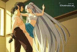 1girl absurdly_long_hair against_wall aged_up ai_assisted ai_generated anime_coloring anime_screencap chalkboard checkered_skirt doggy_style doggy_style_sex dripping_pussy facing_forward forced from_behind hair_ribbon hand_on_back hand_on_neck head_turned looking_away looking_away_from_viewer multicolored_eyes shako_cap spurs square_pupils white_hair