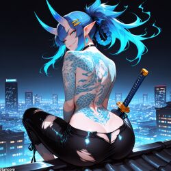 (titancore) ai_generated arrogant_female back_tattoo back_view bad_girl blue_hair city_background demon demon_girl ear_piercing female girl katana long_horns monster_girl oni_female oni_horns ponytail revealing_body revealing_clothes sitting_down smirking