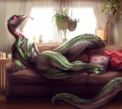 arm_over_breasts arm_stripes belly_scales blurry_background breasts cactus candles claws curtains female fivel forked_tongue green green_scales hand_on_chest keeled_scales laying_on_couch laying_on_side leg_stripes living_room long_tail long_tongue looking_away looking_off_screen pillows pink_eyes plaid plant scales scalie slit_pupils snake sofa striped striped_arms striped_legs striped_tail stripes tail tail_stripes tongue two_tone_scales watermelon_print white white_belly white_scales wood_floor