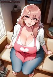 ai_generated apron big big_breasts brown_eyes dreamcoreai dreamcoreart earings female female_only full_body jeans oshi_no_ko pink_apron pink_hair saitou_miyako sitting smiling_at_viewer thick_thighs wide_hips