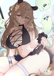1girl absurdres animal_ears ass bikini black_bikini breasts brown_hair cleavage commentary english_commentary female female_only flower green_eyes grin hair_between_eyes hair_flower hair_ornament highres indie_virtual_youtuber large_breasts looking_at_viewer mole mole_on_stomach mole_under_eye naplings_(nimi_nightmare) navel nimi_nightmare punpond sitting smile solo swimsuit tapir_ears tapir_girl teasing thick_thighs thigh_strap thighs virtual_youtuber white_flower