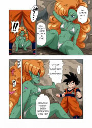 1boy 1girl belly_button black_eyes black_hair blue_eyes breasts curly_hair damaged damaged_clothes dragon_ball dragon_ball_z earrings edit female green_skin human interspecies male micro_bikini old_school_academy open_mouth orange_hair pointy_ears race_of_hera smile son_gohan son_gohan_(young) spiky_hair stomach tagme third-party_edit zangya