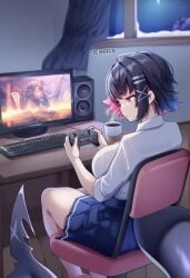 1girls ai_assisted ai_generated bangs bedroom big_breasts big_thighs black_hair coffee ellen_joe gaming hair_ornament hoyoverse kaelishorns mole_under_eye monster_girl night playing red_eyes shark_girl shark_tail sitting sitting_on_chair two-tone_hair white-skinned_female window zenless_zone_zero