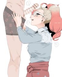 1boy 1girls bar_censor black_undershirt boxers breasts brown_hair censored erection glasses green_eyes grey_shirt grise_(pokemon) griselle_(pokemon) hetero highres large_breasts long_hair long_sleeves looking_at_another male_underwear multicolored_hair open_mouth paniitaa penis pink_hair pink_skirt pokemon pokemon_legends:_z-a ponytail shirt simple_background skirt standing underwear white-framed_eyewear white_background