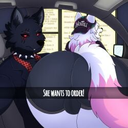 1:1 2026 absurd_res alternate_version_available animal_ears anthro cap car character_request clothing commission curvy curvy_female english english_text eye_scar female fox_girl fox_tail furry furry_male hexi_(hextali) hextali highres huge_ass original_character red_eyes scar she_wants_to_order spiked_collar tail text thicc white_body white_fur white_hair wolf_humanoid