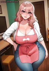 ai_generated apron big big_breasts brown_eyes dreamcoreai dreamcoreart earings female female_only jeans looking_at_viewer oshi_no_ko pink_apron pink_hair posing saitou_miyako thick_thighs wide_hips