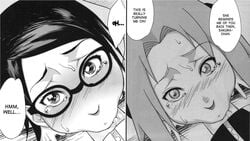 2girls black_hair blush boruto:_naruto_next_generations comic crying fellatio female glasses line_art male monochrome mother_and_daughter naruto sakura_haruno sarada_uchiha short_hair sucking sunahara_wataru tagme text uzumaki_naruto