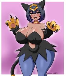 big_breasts blue_hair boobs breasts brown_eyes calcia cat_ears cat_tail catgirl cosplay dark-skinned_female dark_skin egyptian fanart fangs huge_breasts palworld pocketpair sekhmet_(pal) short_hair soulkibble thick_thighs