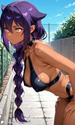 1girls ai_generated breasts cat_ears city covered_nipples dark-skinned_female dark_skin encoder female fence hanging_breasts jahy jahy-sama_wa_kujikenai! no_bra outdoors purple_hair tree yellow_eyes