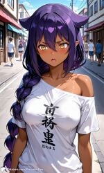 1girls ai_generated breasts cat_ears city covered_nipples crowd dark-skinned_female dark_skin encoder female jahy jahy-sama_wa_kujikenai! no_bra outdoors public purple_hair shirt_only street t-shirt yellow_eyes