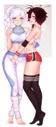 2girls bluefield blush breasts cleavage female female_only gym_uniform horny looking_at_viewer ruby_rose rwby thighhighs weiss_schnee yuri