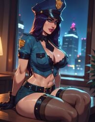 1girl 1girls ai_generated belt big_breasts blue_eyes blue_hair bra caitlyn_(league_of_legends) caitlyn_kiramman glossy_skin gloves league_of_legends necktie officer_caitlyn police police_hat police_uniform policewoman shiny_skin sitting solo solo_female stockings vjuice