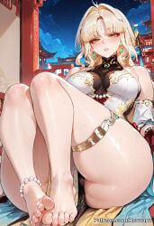 1girl ai_generated big_breasts blonde_hair china_dress female huge_breasts mature_female revoaru suisui_(wuthering_waves) thick_thighs thighs wuthering_waves