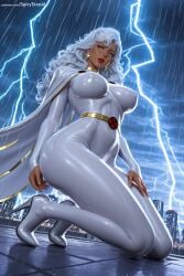 1girl ai_generated blue_eyes bodysuit boots breasts cape covered_nipples earrings hi_res high_heel_boots high_heels high_quality high_resolution impossible_clothes jewelry large_breasts lipstick long_hair makeup marvel patreon patreon_username rain seductive sexy silver_hair solo spicytoonai storm_(x-men) uncensored watermark web_address white_hair