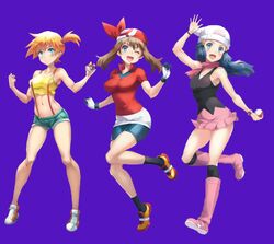 3girls aged_up breasts dawn_(pokemon) edit female female_only human_only kasumi_(pokemon) may_(pokemon) multiple_girls nintendo pokemon pokemon_dppt pokemon_rgby pokemon_rse satoshi_(pokemon) skirt source_request terufuu wide_hips