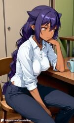 1girls ai_generated breasts cafe cat_ears covered_nipples dark-skinned_female dark_skin denim encoder female indoors jahy jahy-sama_wa_kujikenai! jeans no_bra purple_hair shirt sitting yellow_eyes
