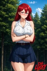 1girls ai ai_assisted ai_generated beach bikini breasts dh_lucky half-closed_eyes hentai kyuukyoku_no_sex_adventure_kamasutra large_breasts looking_at_viewer nipples ocean red_hair shakty skirt solo solo_female standing tshirt