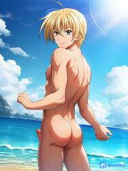 1boy abs ai_generated beach blonde_hair completely_nude_male erect_penis high_school_dxd kiba_yuuto komiko pecs penis sun