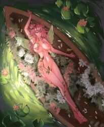 1girls big_breasts breasts colored_sclera completely_nude female female_only flowers froggyloch hairbuns lying lying_on_back nude nude_female on_back pink_body pink_hair pink_nipples pink_skin s7nsles second-party_source solo tied_hair twin_buns viewed_from_above virtual_youtuber vtuber wings yellow_sclera