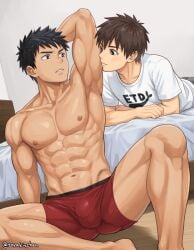 2boys abs armpit_fetish armpits arms_up artist_name balls_under_clothes bed bedroom biceps black_hair boxers_(clothing) breasts brown_hair bulge bulge_through_clothing collarbone crossed_legs duo dutch_angle ebitendon flaccid gay genital_outline hi_res looking_at_another male male/male male_only mature_male muscles muscular muscular_arms muscular_legs muscular_male muscular_thighs navel no_body_hair original original_character pecs shaved_armpit short_hair sitting six_pack smell_fetish sniffing tight_clothing topless torakitchen torakitchen_(ebitendon) yaoi