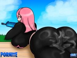 2d 2d_artwork ass big_ass big_breasts breasts clothed clothed_female clothing cum cum_on_ass cum_on_clothing cum_on_thighs cumshot female female_focus female_only fortnite fully_clothed fully_clothed_female haze_(fortnite) huge_ass laying_down laying_on_table looking_back looking_back_at_viewer mouth_open open_mouth pink_hair pink_hair_female rizechaosx shiny shiny_clothes shiny_skin short_hair short_hair_female solo solo_female solo_focus tongue tongue_out watermark weapon