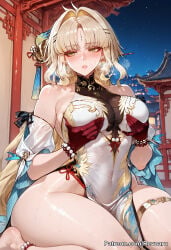 1girl ai_generated big_breasts blonde_hair china_dress female huge_breasts mature_female revoaru suisui_(wuthering_waves) thick_thighs thighs wuthering_waves