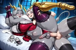 1girl ai_assisted ai_generated animal_nose arm_around_leg arms_up babydoll_lingerie blue_eyes blush chubby curvaceous_body curvaceous_hips curvaceous_thighs curvy detailed_face fisheye floating_hearts floppy_ears fucked_silly futa_is_smaller futa_penetrated grey_fur grey_hair grey_skin handcuffed hands_tied heart_shaped_pupils heart_symbol high_quality horns huge_ass huge_breasts huge_hips huge_thighs hugging_leg indoors jackalope lace_thighhighs large_breasts large_thighs laying_on_bed leg_up long_hair lowleg_panties massive_thighs night pseudoregalia sybil_(pseudoregalia) tail